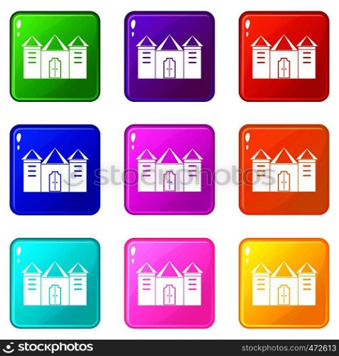 Wall and gate of the old fortress icons of 9 color set isolated vector illustration. Wall and gate of the old fortress icons 9 set