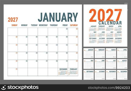 Wall calendar 2027 year. English planner template. Vector square grid. Office business planning. Creative design. Red and grey color