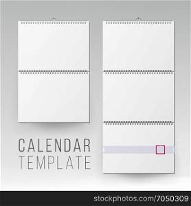 Wall Calendar Mock Up Vector. Template Square Spiral Calendar.. Spiral Calendar Vector. Blank Office Calendar Mock Up. Realistic Sheets Of Paper. Empty Mock Up Wall Calendar Illustration.