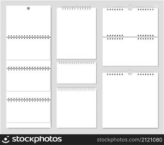 Wall calendar mockup, blank calendars templates with spring binding. Realistic notebook, empty paper sheets on spiral binders vector set. Horizontal and vertical pages with wire banding. Wall calendar mockup, blank calendars templates with spring binding. Realistic notebook, empty paper sheets on spiral binders vector set