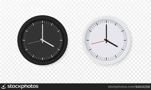 Wall clock, realistic black and white watch. Round hour clockface, quartz clockwise, light schedule, minutes hours and seconds arrow. Time measurement instrument vector isolated modern style element. Wall clock, realistic black and white watch. Round hour clockface, quartz clockwise, light schedule, minutes hours and seconds arrow. Time measurement instrument vector isolated element