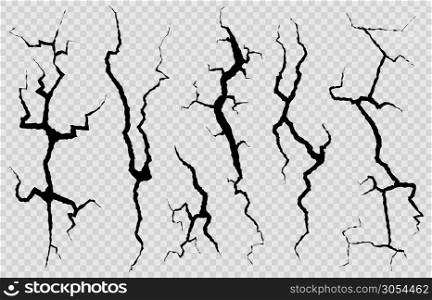 Wall cracks. Surface fracture structure, cleft broken dry lining wall or destroyed cracked glass, earthquake destruction vector cracking isolated abstract set. Wall cracks. Surface fracture structure, cleft broken dry lining wall or destroyed cracked glass, earthquake destruction vector set