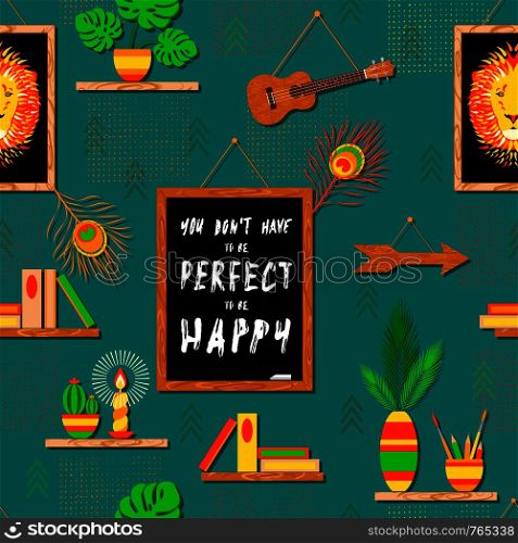 Wall in the room with paintings and shelves. Seamless pattern. Portrait of a lion, lettering with affirmations, home plants, brushes and pencils, ukulele, peacock feather, candle, arrow, books. Wall in the room with paintings and shelves