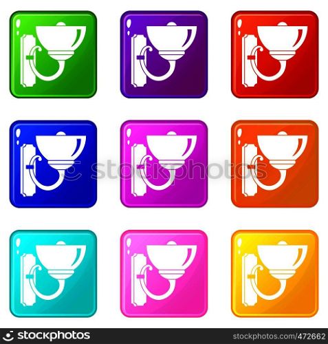 Wall lamp icons of 9 color set isolated vector illustration. Wall lamp icons 9 set