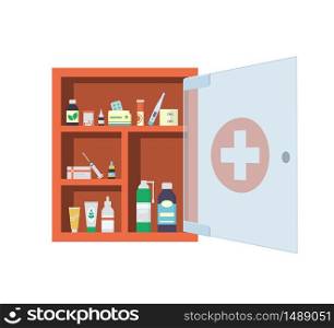 Wall medicine chest full of drugs, pills, tablets and bottles. Red medical cabinet with open glass transparent door. Isolated vector illustration in flat style on white background. Red medical cabinet with open and closed glass transparent door. Medicine chest