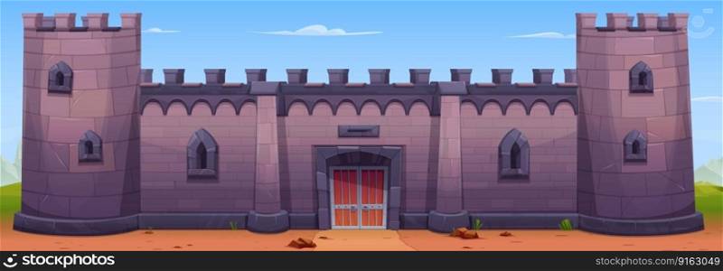 Wall of medieval stone castle. Vector cartoon illustration of ancient town citadel, fortress with windows, wooden gate and towers, blue sky with clouds, sunny day. Old architecture. Royal palace. Wall of medieval stone castle