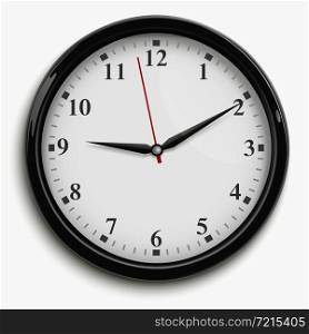 Wall office clock with black and red hands and white dial isolated on white background realistic vector illustration. Office Clock Illustration