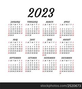 Wall or pocket calendar design 2023 year. English vector square calender template. Week starts on Sunday.
