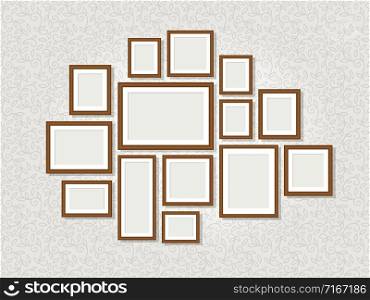 Wall photo frames. Exhibition or art gallery retro picture frame set, decoration empty blank borders isolated on background, vector illustration. Wall photo frames