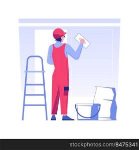 Wall preparation isolated concept vector illustration. Contractor wearing uniform with trowel leveling the walls, construction company service, interior works, house building vector concept.. Wall preparation isolated concept vector illustration.