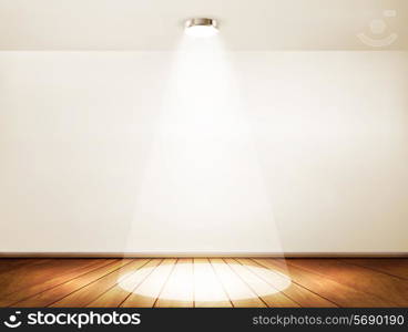 Wall with a spotlight and wooden floor. Showroom concept. Vector.