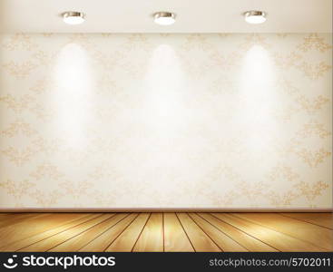 Wall with spotlights and wooden floor. Showroom concept. Vector illustration.
