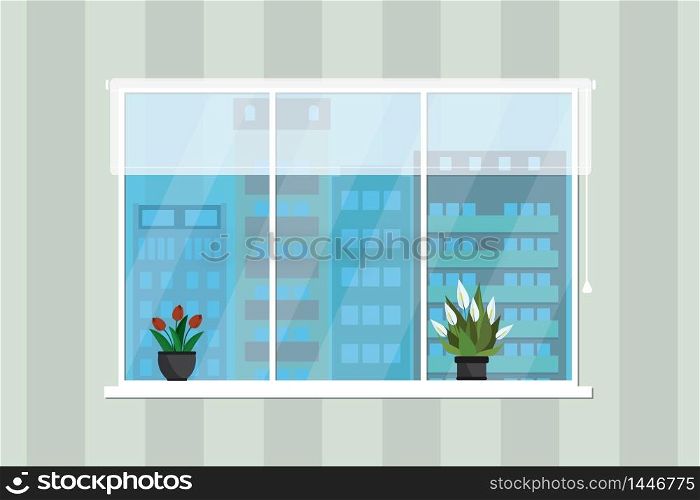 Wall with window,flowers in pots on window, Flat vector illustration