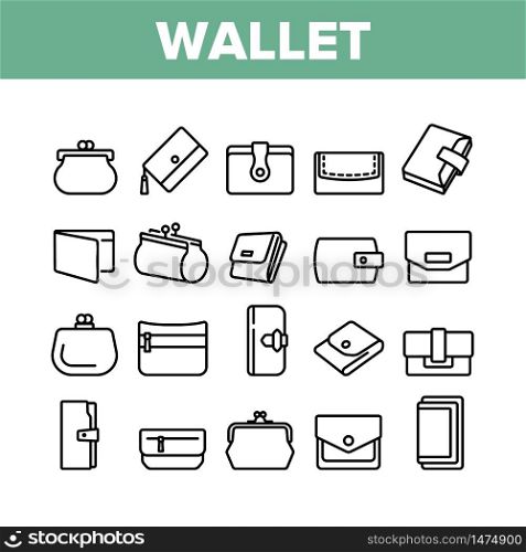Wallet Accessory Cash Collection Icons Set Vector. Wallet In Different Style For Storaging Money And Coin, Credit Card And Document Concept Linear Pictograms. Monochrome Contour Illustrations. Wallet Accessory Cash Collection Icons Set Vector
