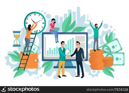 Wallet and banknotes or coins, time money concept vector. Clock and hourglass, laptop and computer monitor, men and women, business partners, green plants. Time money Concept, Wallet and Banknotes or Coins