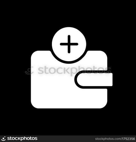 Wallet app dark mode glyph icon. Tracking money spending. Mobile wallet passes. Online transaction. Smartphone UI button. White silhouette symbol on black space. Vector isolated illustration. Wallet app dark mode glyph icon