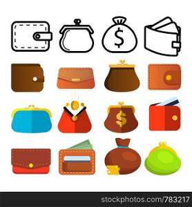 Wallet Icon Set Vector. Money Symbol. Purse Wallet Bag. Payment Sign. Finance Currency Design. Financial Market Object. Reatail Safe. Commerce Pay. Line, Flat Illustration. Wallet Icon Set Vector. Money Symbol. Purse Wallet Bag. Payment Sign. Finance Currency Design. Financial Market Object. Reatail Safe. Commerce Credit Pay. Line, Flat Illustration