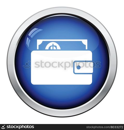 Wallet with cash icon. Glossy button design. Vector illustration.