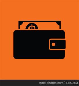 Wallet with cash icon. Orange background with black. Vector illustration.