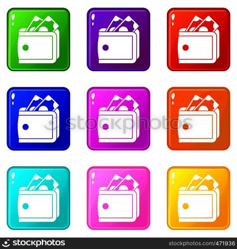 Wallet with cash icons of 9 color set isolated vector illustration. Wallet with cash icons 9 set
