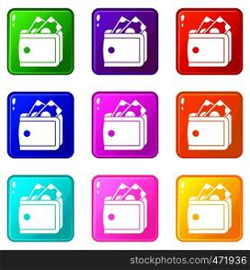 Wallet with cash icons of 9 color set isolated vector illustration. Wallet with cash icons 9 set