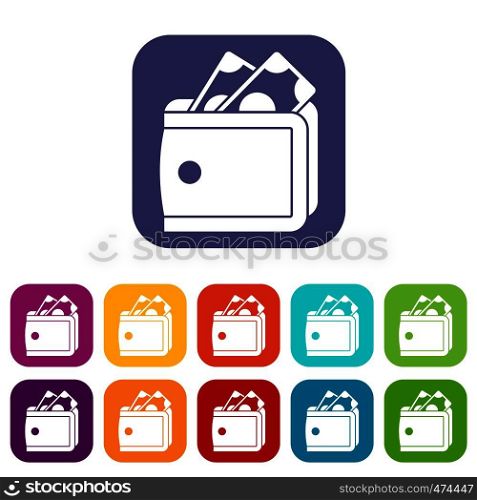 Wallet with cash icons set vector illustration in flat style In colors red, blue, green and other. Wallet with cash icons set