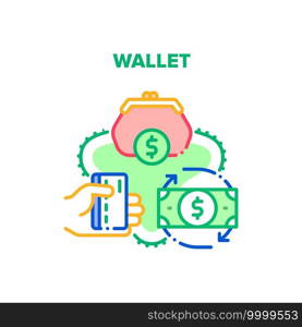 Wallet With Cash Vector Icon Concept. Wallet Accessory For Storaging Money Banknotes And Credit Card, Finance Storage And Carrying. Dollar Currency Exchange And Financial Turnover Color Illustration. Wallet With Cash Vector Concept Color Illustration