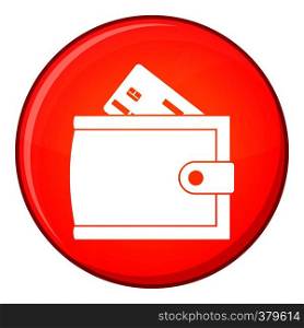 Wallet with credit card and cash icon in red circle isolated on white background vector illustration. Wallet with credit card and cash icon, flat style