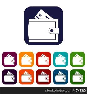 Wallet with credit card and cash icons set vector illustration in flat style In colors red, blue, green and other. Wallet with credit card and cash icons set