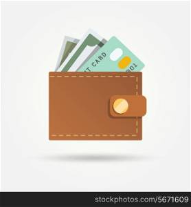 Wallet with money and credit card isolated on white background vector illustration.