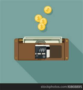 Wallet with money in flat style. Purse vector simple illustration.