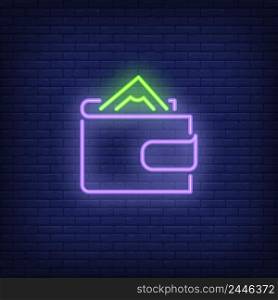 Wallet with money neon sign. Money, finance and banking concept. Advertisement design. Night bright neon sign, colorful billboard, light banner. Vector illustration in neon style.