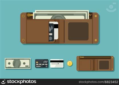 Wallet with money. Wallet open with money in flat style. Icons of coin, wallet, credit cards.