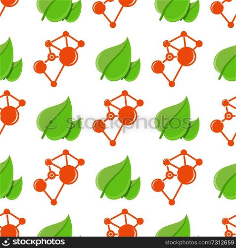 Wallpaper design in environmental safe nature concept. Seamless pattern with molecular structure and green leaves vector illustration isolated on white. Wallpaper Design in Environmental Safe Nature