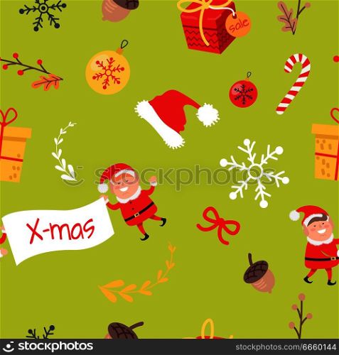 Wallpaper design with elves, acorns and autumn branches with leaves, Christmas decoration elements as paper snowflakes, toy balls and gift boxes with presents, cute Santa hat. Vector endless texture. Wallpaper Design with Elves, Acorns and Branches