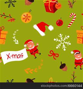 Wallpaper design with elves, acorns and autumn branches with leaves, Christmas decoration elements as paper snowflakes, toy balls and gift boxes with presents, cute Santa hat. Vector endless texture. Wallpaper Design with Elves, Acorns and Branches