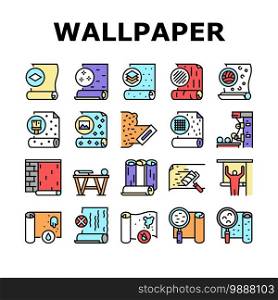 Wallpaper Interior Collection Icons Set Vector. Waterproof And Paper, Vinyl And Non-woven, Textile And Velor Wallpaper Rolls, Production Concept Linear Pictograms. Contour Color Illustrations. Wallpaper Interior Collection Icons Set Vector