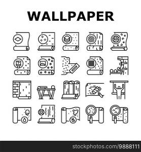 Wallpaper Interior Collection Icons Set Vector. Waterproof And Paper, Vinyl And Non-woven, Textile And Velor Wallpaper Rolls, Production Black Contour Illustrations. Wallpaper Interior Collection Icons Set Vector