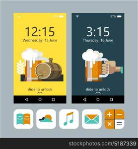 Wallpaper on the phone. A mug of beer in hand, beer mug and a beer keg. Set of vector icons for your phone.