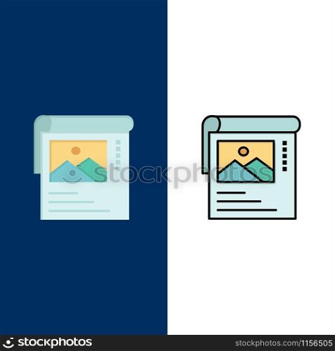 Wallpaper, Poster, Brochure Icons. Flat and Line Filled Icon Set Vector Blue Background