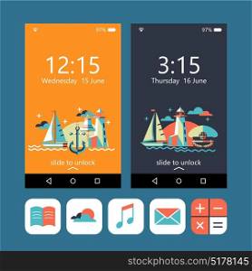 Wallpapers for your phone. Sea voyage on a yacht. The icons set.