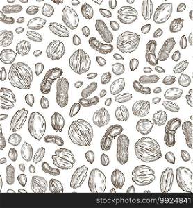 Walnut and peanut, cashew and almond seamless pattern. Nuts for cooking, preparing food or dishes. Organic ingredients natural products nutshell. Monochrome sketch outline, vector in flat style. Nuts and snacks, organic ingredients for cooking seamless pattern