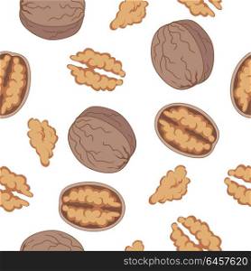 Walnut seamless pattern vector in flat design. Traditional snack. Healthy food. Nut ornament for wallpapers, polygraphy, textiles, web page design, surface textures. Isolated on white background.. Walnut Seamless Pattern Vector in Flat Design.