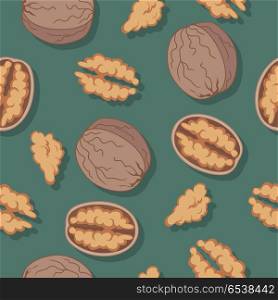 Walnut Seamless Pattern. Walnut seamless pattern. Ripe walnut kernels in flat. Walnut on a dark green background. Several walnut kernels. Healthy vegetarian food. Vector illustration