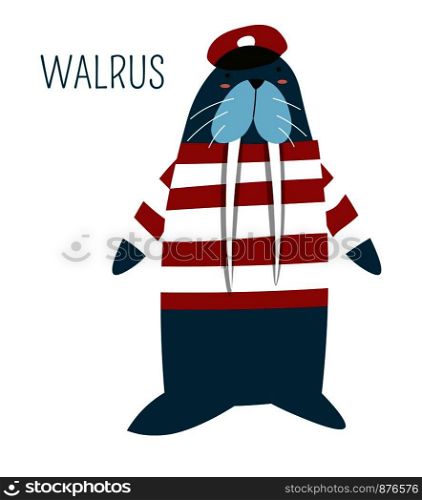 Walrus in captain outfit childish book cartoon character. Sea animal with tusks in cap and striped shirt. Wild humanized creature in clothes with flippers and tail, species name, vector illustration.. Walrus in captain outfit childish book character