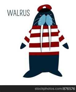 Walrus in captain outfit childish book cartoon character. Sea animal with tusks in cap and striped shirt. Wild humanized creature in clothes with flippers and tail, species name, vector illustration.. Walrus in captain outfit childish book character