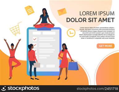 Want ad for shopping, fitness and working. Businesswoman, yoga instructor, customer. Online service concept. Vector illustration can be used for topics like business, internet, service