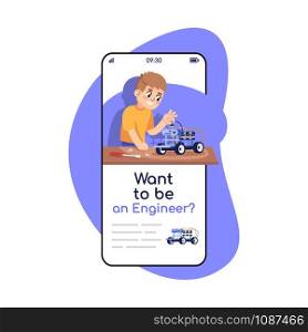 Want to be an engineer social media posts smartphone app screen. Mobile phone displays with cartoon characters design mockup. Robotic course application for children telephone interface