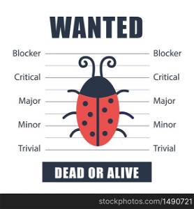 Wanted bug as symbol software testing, quality assurance, debugging. The priorities of the defect. Vector illustration in flat style on white background. Wanted bug as symbol software testing, quality assurance, debugging. The priorities of the defect. Vector illustration