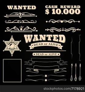 Wanted ornaments. Country vintage western saloon tattoos pattern and cowboy frame scroll elements on dark background vector wild west ribbon badges design illustration. Wanted ornaments. Country vintage western saloon tattoos pattern and cowboy frame scroll elements on dark background vector illustration